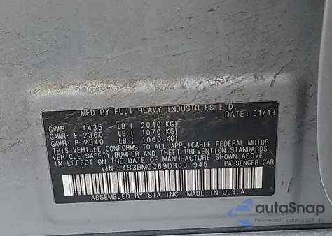 2013 Subaru Legacy 2.5I Premium из США, поврежденный, VIN 4S3BMCC69D3031945